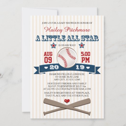 ALLE STAR BASEBALL BABY SHOWER INVITATION KAART (Voorkant)
