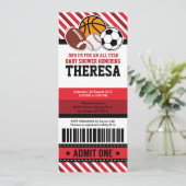 Alle Star Sport Ticket Pass Baby shower Kaart (Staand voorkant)