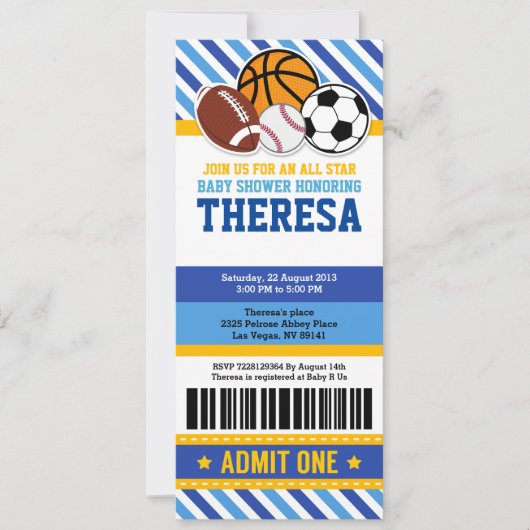 Alle Star Sport Ticket Pass Baby shower Kaart (Voorkant)