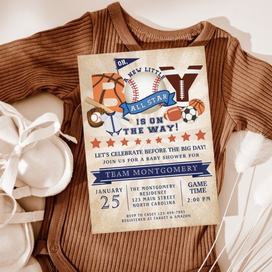 Alle Star Sports Boy Baby shower Uitnodiging