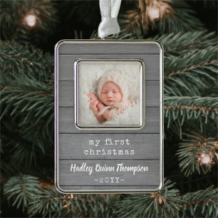 Alle tekst Baby Foto Rustic Grey Faux wood Mijn ee Verzilverd Omlijst Ornament