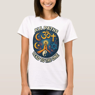 "Alle wegen leiden naar de Ene" – Interreligieuze T-shirt