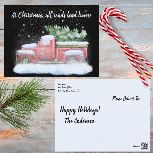 Alle wegen leiden naar huis met  pick-up truck feestdagenkaart