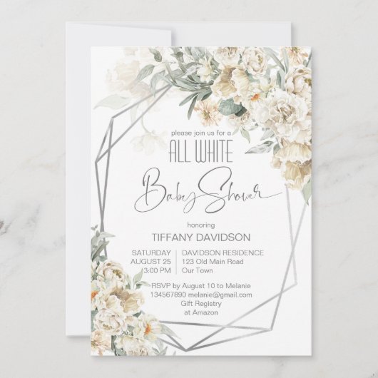 Alle wit baby shower zilver lijst bloemen kaart (Voorkant)