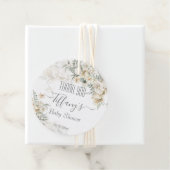 Alle wit baby shower zilver wit bloemendankjewel bedankjes labels (In situ)