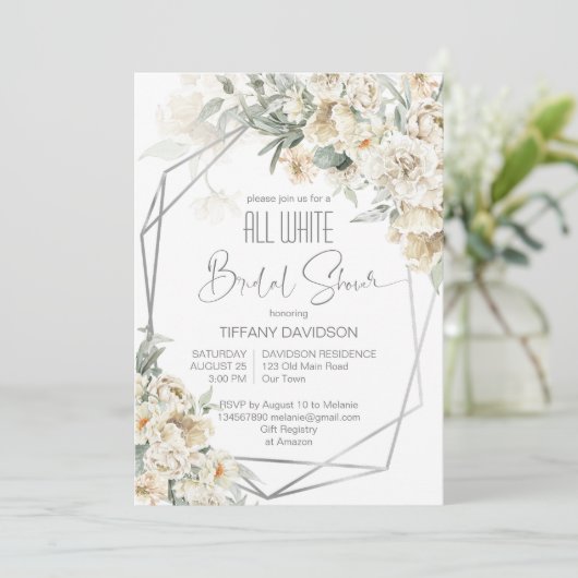 Alle wit vrijgezellenfeest zilver lijst bloemen kaart (Staand voorkant)