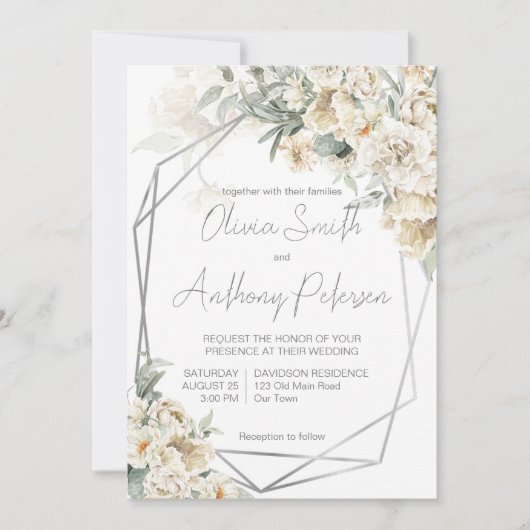 Alle wit zilver lijst wit bloemenbruiloft kaart (Voorkant)