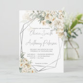 Alle wit zilver lijst wit bloemenbruiloft kaart (Staand voorkant)