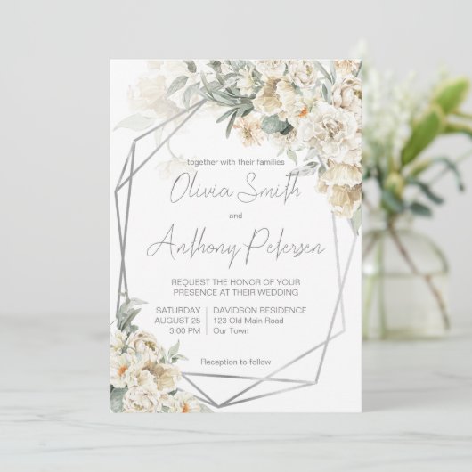 Alle wit zilver lijst wit bloemenbruiloft kaart (Staand voorkant)