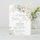 Alle witte verjaardagsfeestje zilveren witte bloem kaart (Staand voorkant)