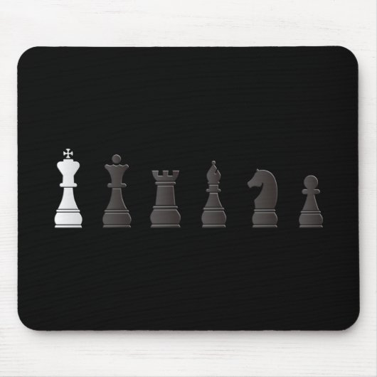 Alle zwarte stukken, één wit, schaakstukken muismat (Voorkant)