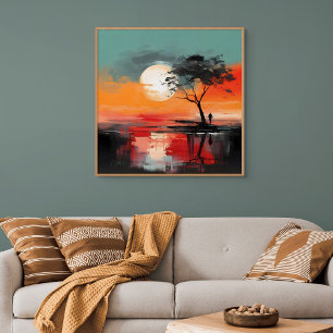 Alleen aan het meer – Eenzaamheid bij zonsondergan Poster