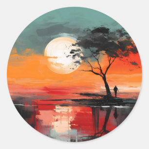 Alleen aan het meer – Eenzaamheid bij zonsondergan Ronde Sticker