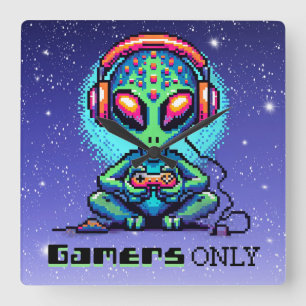 Alleen gamers   Pixel Art Alien Vierkante Klok