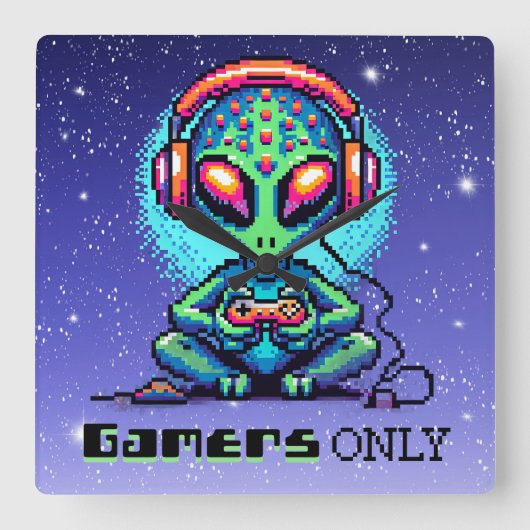 Alleen gamers | Pixel Art Alien Vierkante Klok (Voorkant)