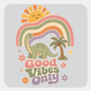 Alleen Goede Vibes Dinosaur Retro Boho Regenboog Vierkante Sticker