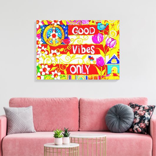 Alleen goede vibes, vredesbord, vlag, madeliefjes, canvas afdruk (Insitu (Woonkamer))
