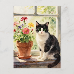Alleen maar hallo zeggen   Thema kat en bloem Briefkaart