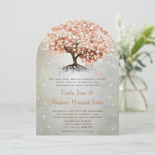 Alleen Peachy Coral Heart Leaf Tree Wedding Invite Kaart (Staand voorkant)