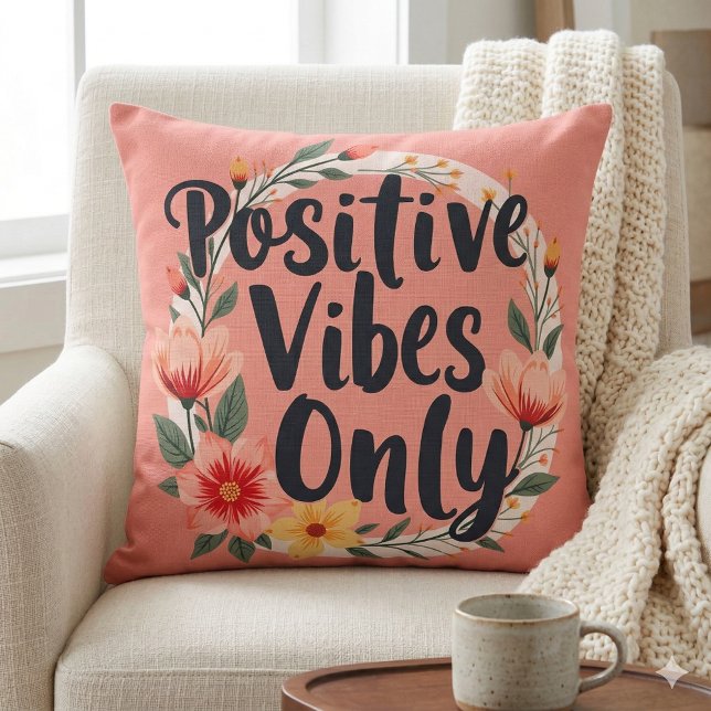 Alleen Positieve Vibes Bloemstuk Ontwerp Kussen (Positive Vibes Only Floral Wreath Design Throw Pillow Mockup D)