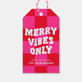 Alleen Retro Merry Vibes | Checker roze en rood Cadeaulabel