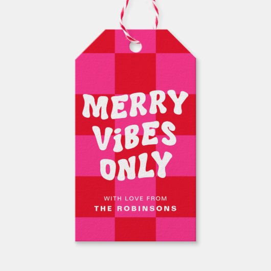 Alleen Retro Merry Vibes | Checker roze en rood Cadeaulabel (Voorkant)