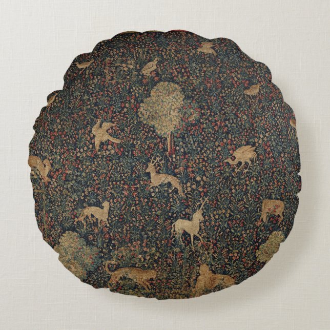 Allegorische millefleurs Bosbouw met dieren Rond Kussen (Voorkant)