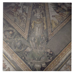 Allegorische najaarsfiguur, details van een mozaï tegeltje