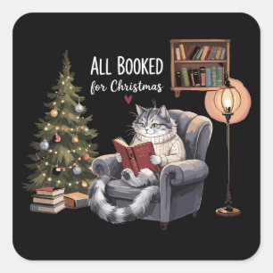 Allemaal geboekt voor Kerstmis Boekenkat Winterlez Vierkante Sticker