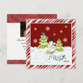 Allemaal in de knoop, sneeuwman met kerstboomlicht feestdagenkaart (Voorkant / Achterkant)