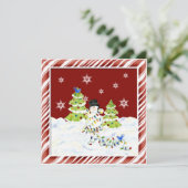 Allemaal in de knoop, sneeuwman met kerstboomlicht feestdagenkaart (Staand voorkant)