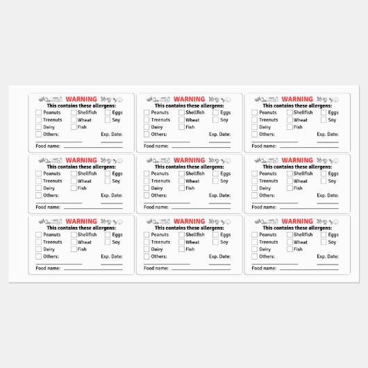 Allergeenetiketten met Voedselnaam voor Voedselcon Labels (Vel)