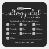 Allergie Alert Allergenen Waarschuwing Zwarte Gard Vierkante Sticker (Voorkant)