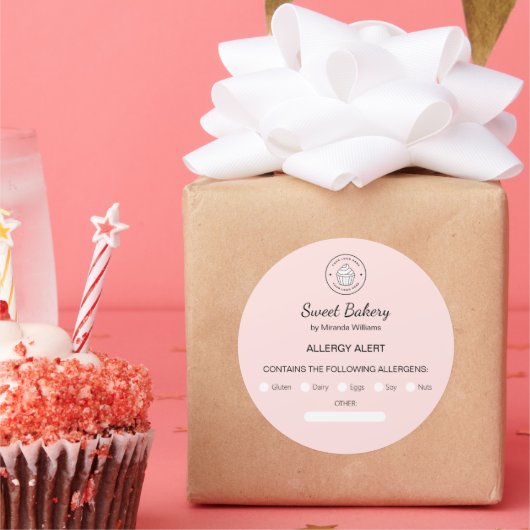Allergie Alert Bakkerij Custom Logo Roze Ronde Sticker (Feest)