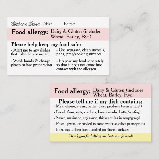 Allergie Dining Kaart, Coeliakie vriendelijk Resta Contactkaartje (Voorkant / Achterkant)