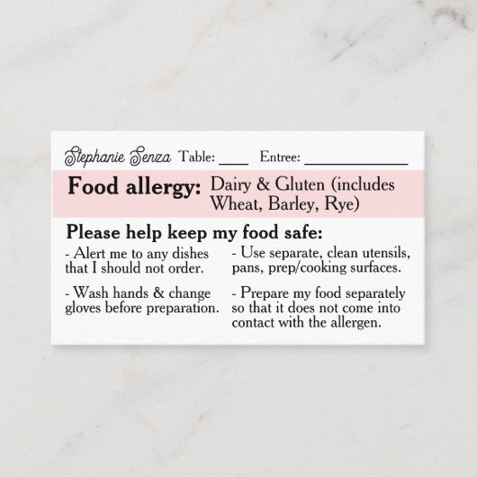 Allergie Dining Kaart, Coeliakie vriendelijk Resta Contactkaartje (Voorkant)