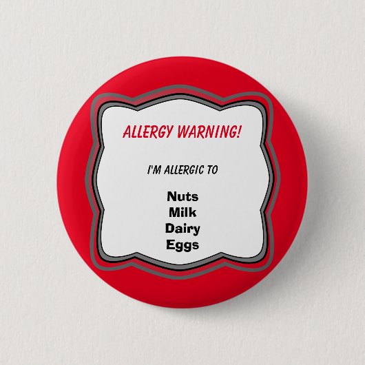 Allergie Waarschuwings Speld Badge Ronde Button 5,7 Cm (Voorkant)