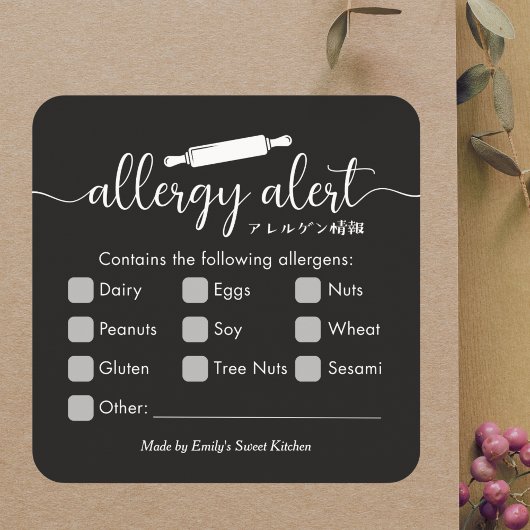 Allergy Alert Allergens Warning Black Rolling Pin Vierkante Sticker