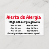 Allergy Alert Dining Card - in het Engels en Spaan Visitekaartje (Achterkant)