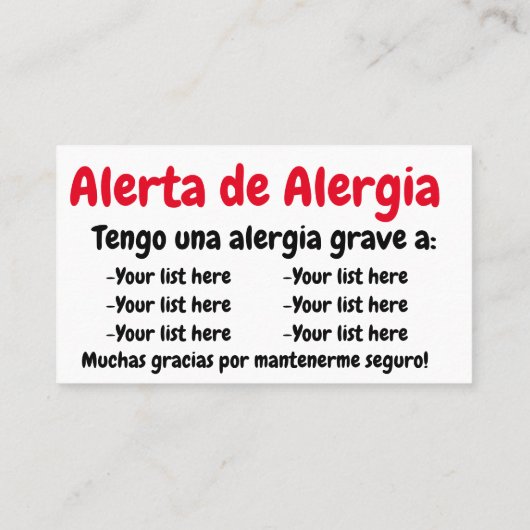 Allergy Alert Dining Card - in het Engels en Spaan Visitekaartje (Achterkant)