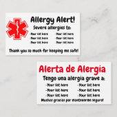 Allergy Alert Dining Card - in het Engels en Spaan Visitekaartje (Voorkant / Achterkant)