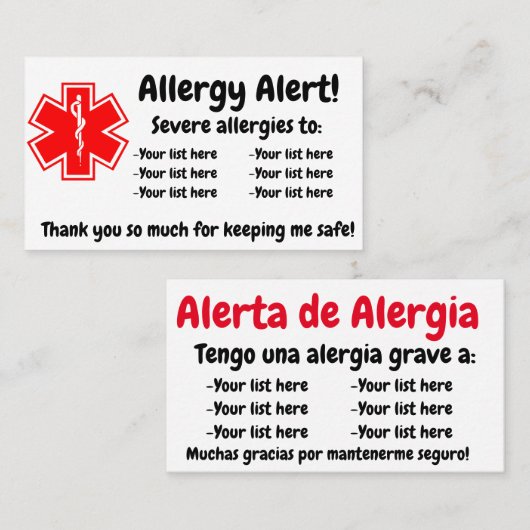 Allergy Alert Dining Card - in het Engels en Spaan Visitekaartje (Voorkant / Achterkant)