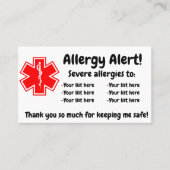 Allergy Alert Dining Card - in het Engels en Spaan Visitekaartje (Voorkant)