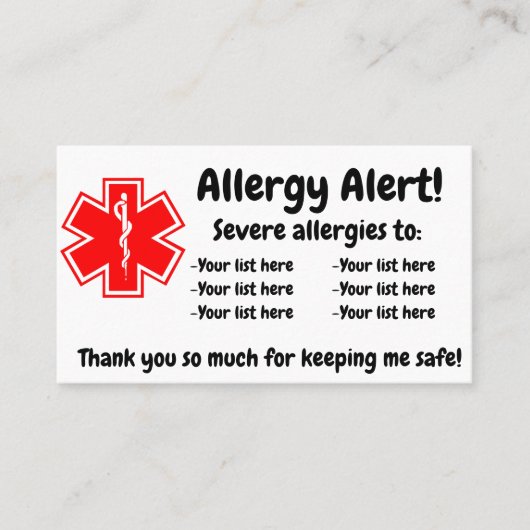 Allergy Alert Dining Card - in het Engels en Spaan Visitekaartje (Voorkant)