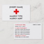Allergy Alert ID/I.C.E. Kaart Visitekaartje (Voorkant / Achterkant)