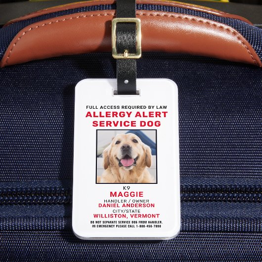 Allergy Alert Service Dog Photo ID Badge Bagagelabel