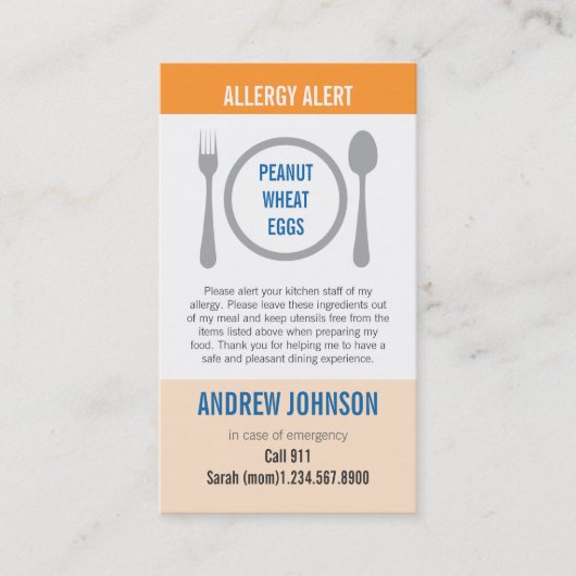Allergy Alert Sinaasappel Duotones Contactkaartje (Voorkant)