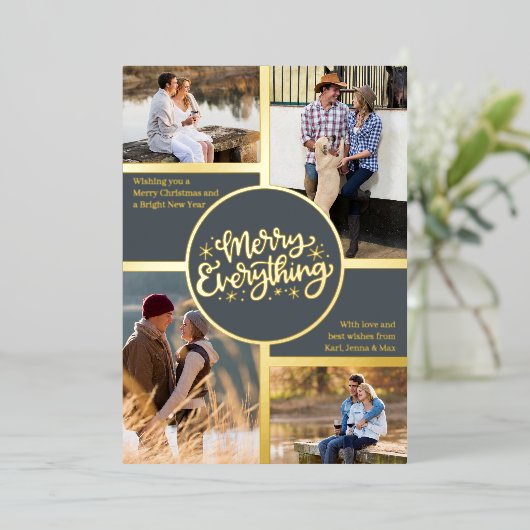 Alles 4 Foto Collage Gray en Gold Folie Feestdagenkaart (Staand Voorkant)