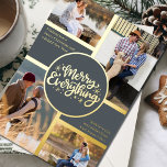 Alles 4 Foto Collage Gray en Gold Folie Feestdagenkaart<br><div class="desc">Pas deze luxe goudfolie kerstkaart aan met vier van uw favoriete foto's. De sjabloon is opstelling klaar voor u om uw vier foto's toe te voegen en, heeft het ook twee secties voor uw groeten en uw namen. Het midden van de kaart is voorzien van de vermelding "Merry Alles" in...</div>