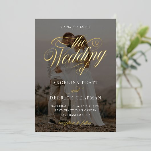 Alles in één aangepaste fotokalligrafie Gold Folie Uitnodiging (Staand Voorkant)